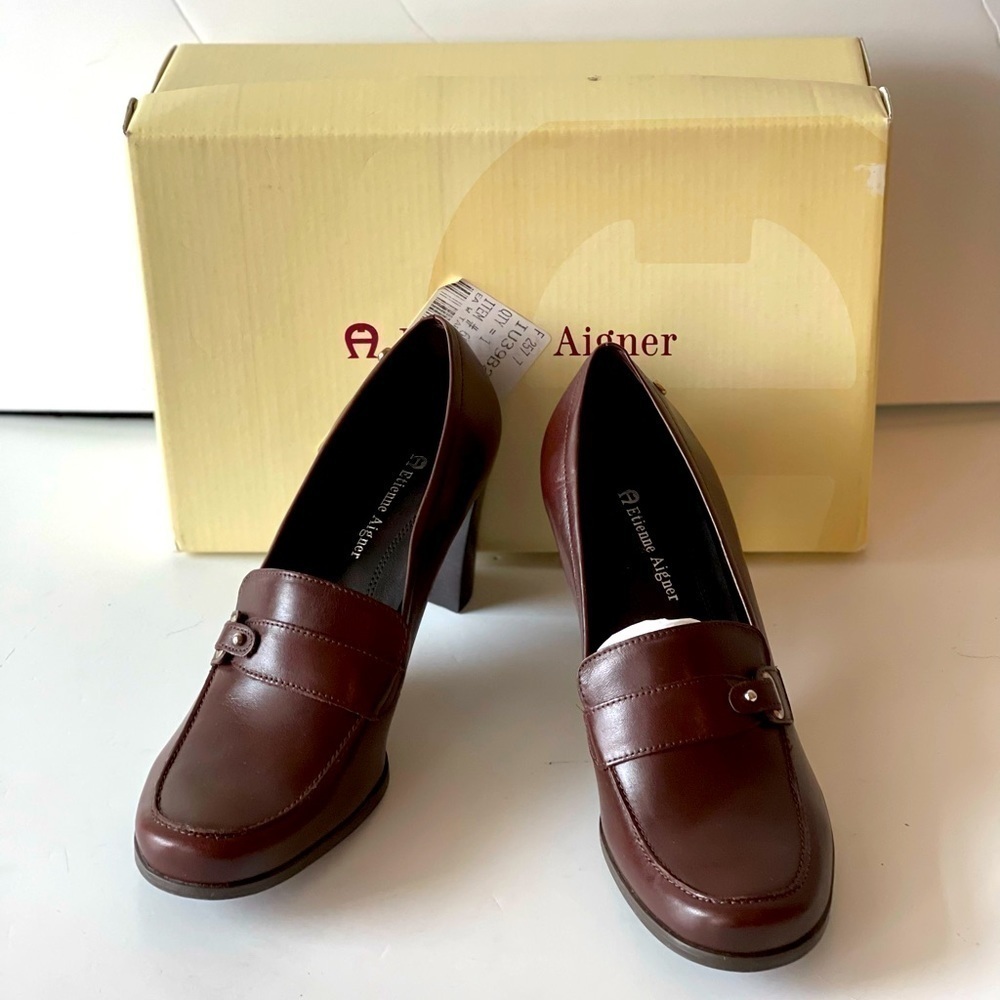Etienne Aigner Brown Leather Platform Pumps Heels Chunky Block Heels E-Tartan, 8